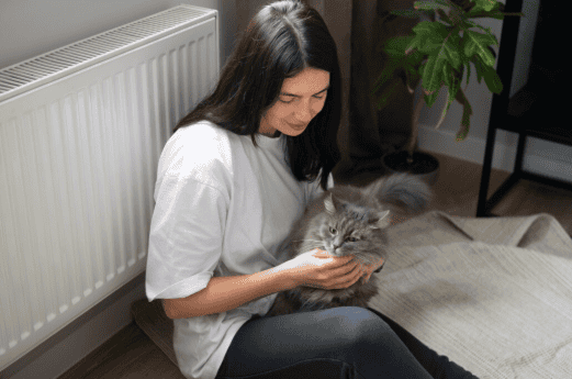 A person petting their cat in a serene room with purified air maintained by an efficient air filtration system in Johnstown.