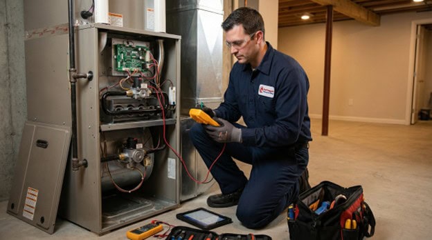 A certified Red Dragon Heating and Cooling technician performs expert furnace repair in a Fulton County, NY home, ensuring reliable warmth for the winter.