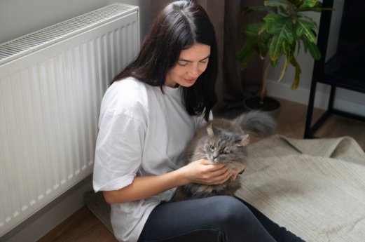 A person petting their cat in a serene room with purified air maintained by an efficient air filtration system in Johnstown.